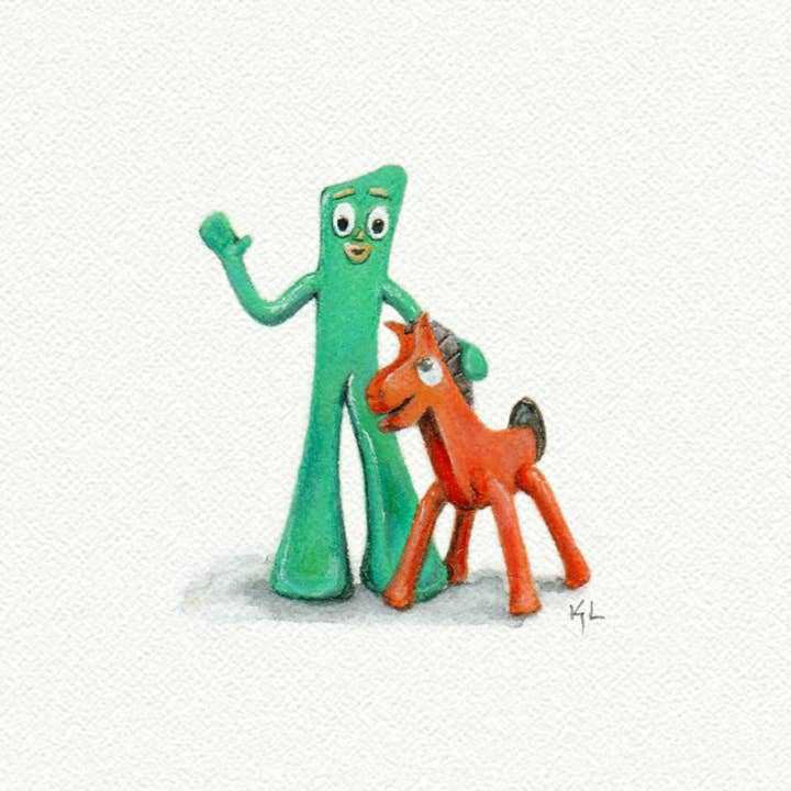 Aquarelle miniature de Gumby et Pokey - Impression artistique pour la vente par Karen Libecap Tiny Paintings