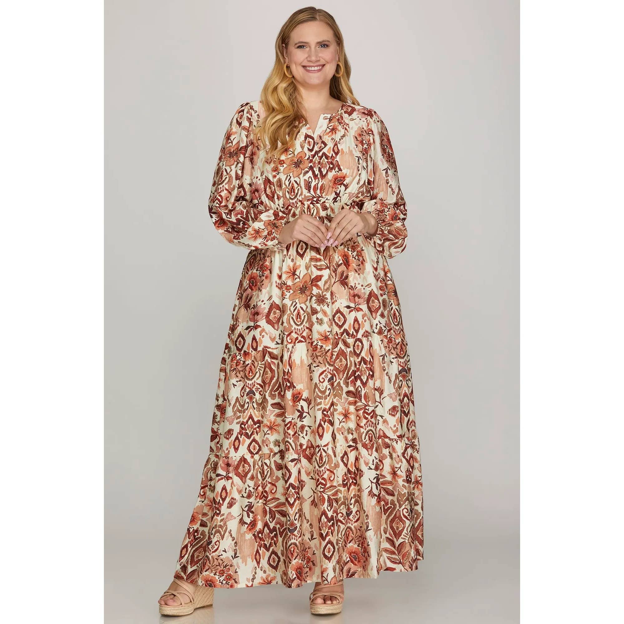 STYLE USA - Wholesale Dress - Women's - PLUS WOVEN PRINT TIERED MAXI DRESS0