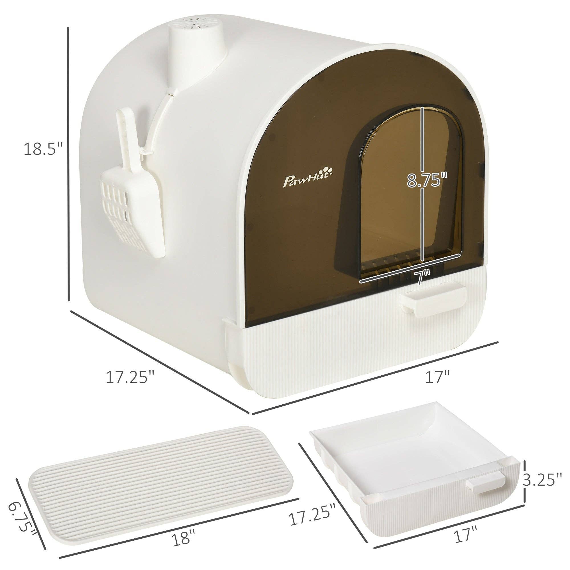 39F Inc. - Wholesale Pet Bowl - Cat/Dog - PawHut Covered Cat Litter Box - White, Tray/Scoop/Filter7