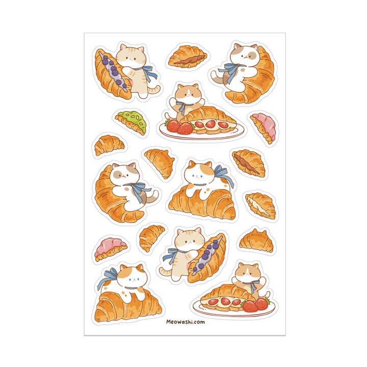 Cat and Croissant Sticker Sheet for wholesale by Meowashi Studio