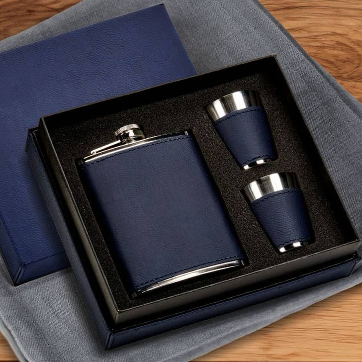 Creative Gifts International Inc. - Wholesale Flask - Navy Leatherette Flask & Stainless Steel Shot Glass Set
