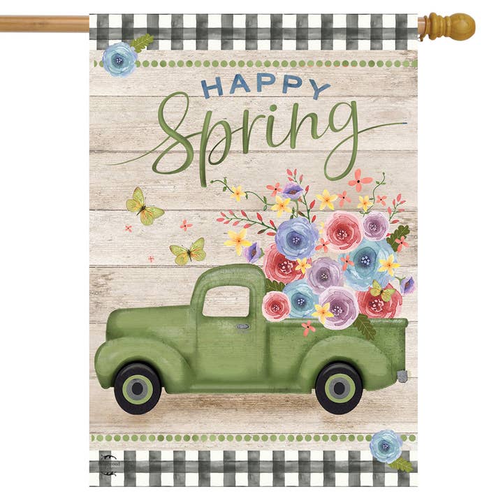 Happy Spring Pickup Truck House Flag for wholesale by Briarwood Lane