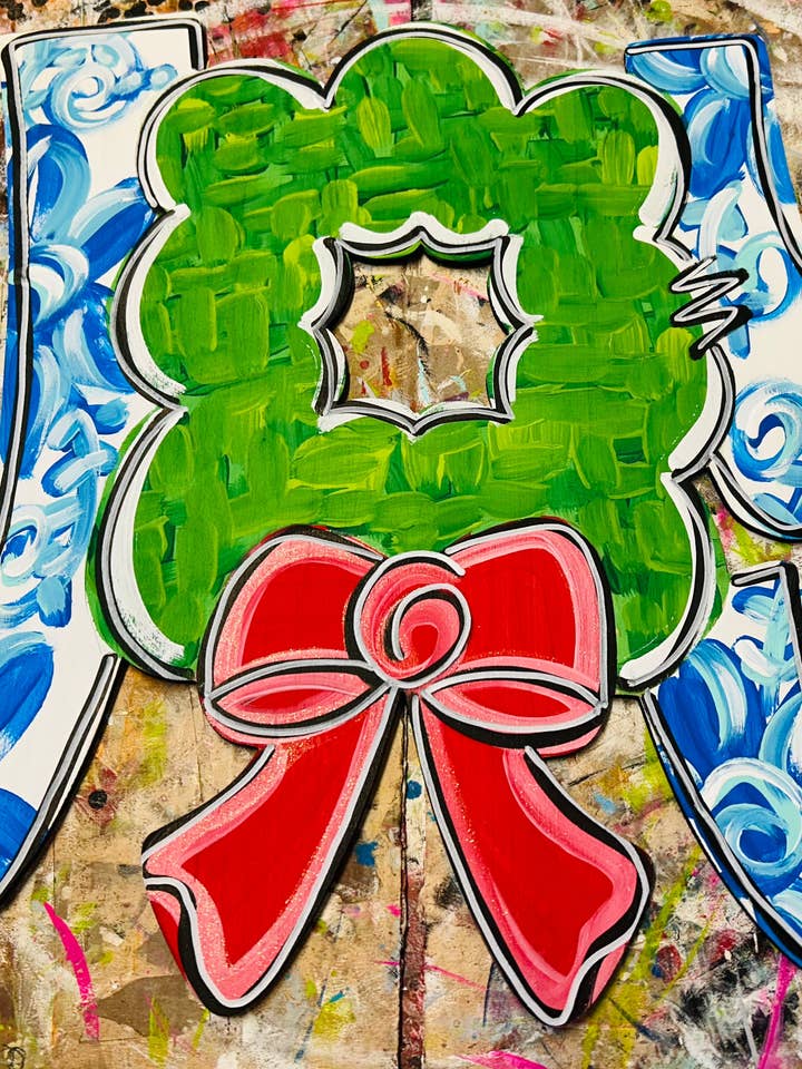 Joy Christmas wreath with chinoiserie 21” for wholesale by Sunflower Soul Art