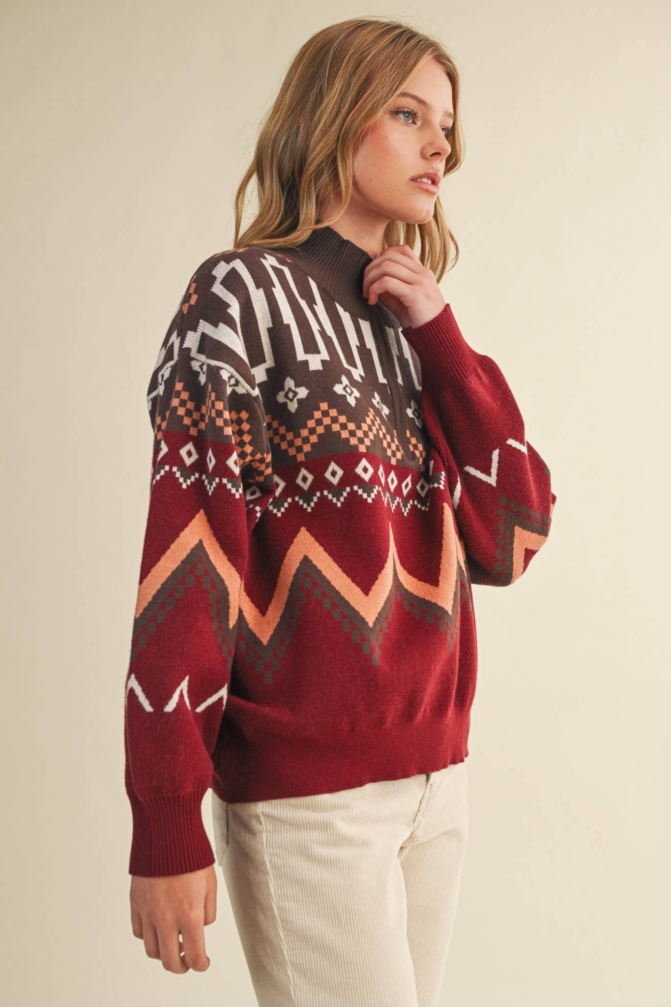 Burgundy Multi GEOMETRIC KNIT MOCK NECK HALF ZIP PULLOVER SWEATER MSW10885 for wholesale on Faire5