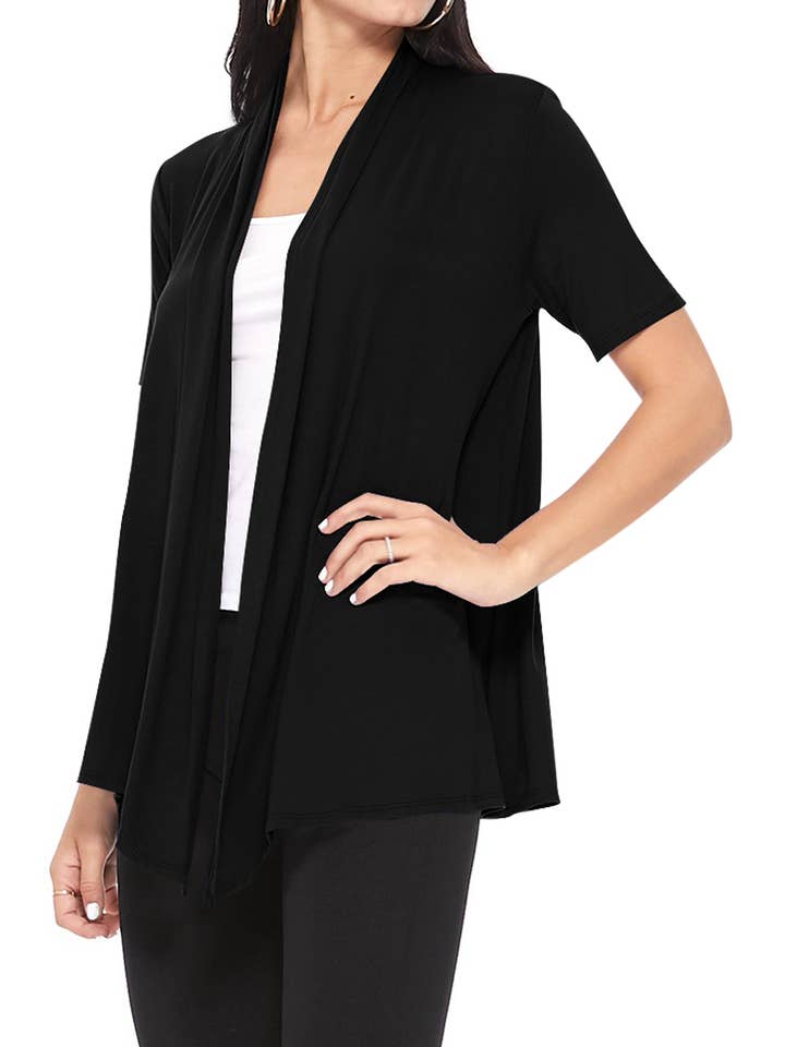 MOA COLLECTION - Wholesale Cardigan - Women's - Women's Casual Short Sleeve Draped Open Front Solid Cardigan1
