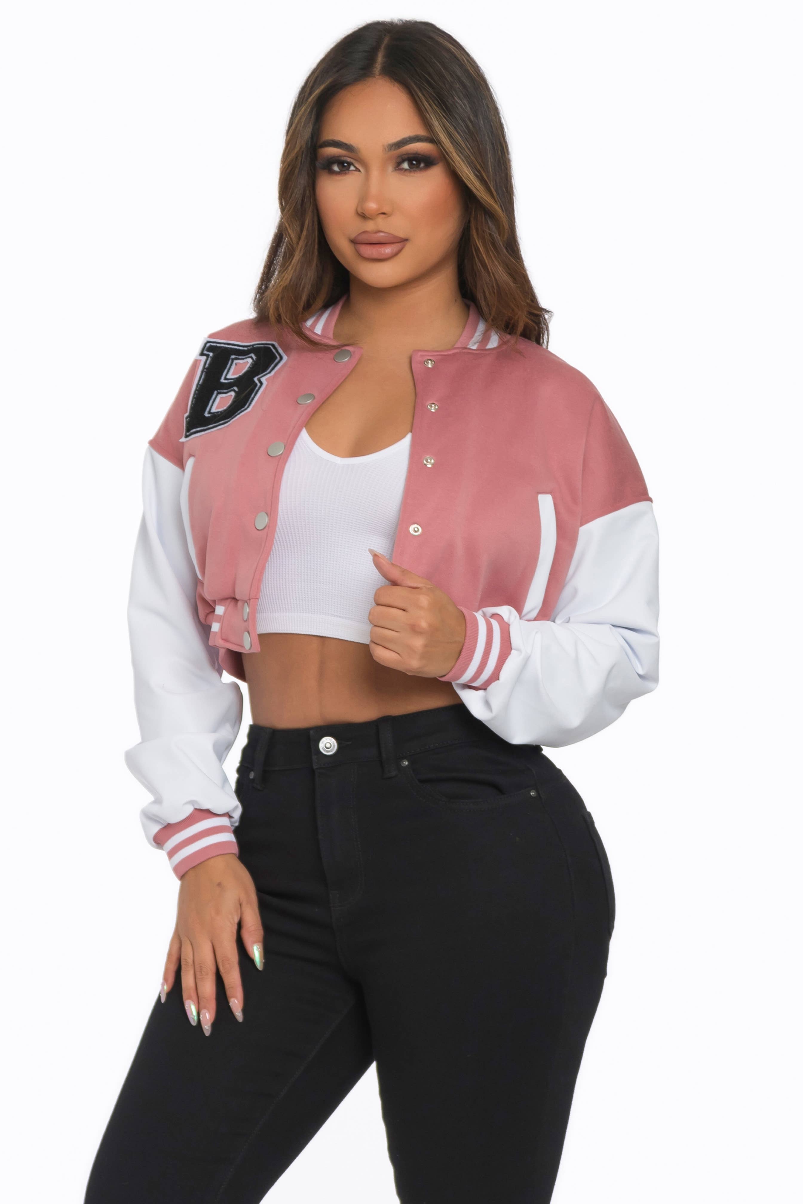 Lime All the Time - Wholesale Varsity/Baseball Jacket - Women's - B Logo Cropped Varsity Jacket12