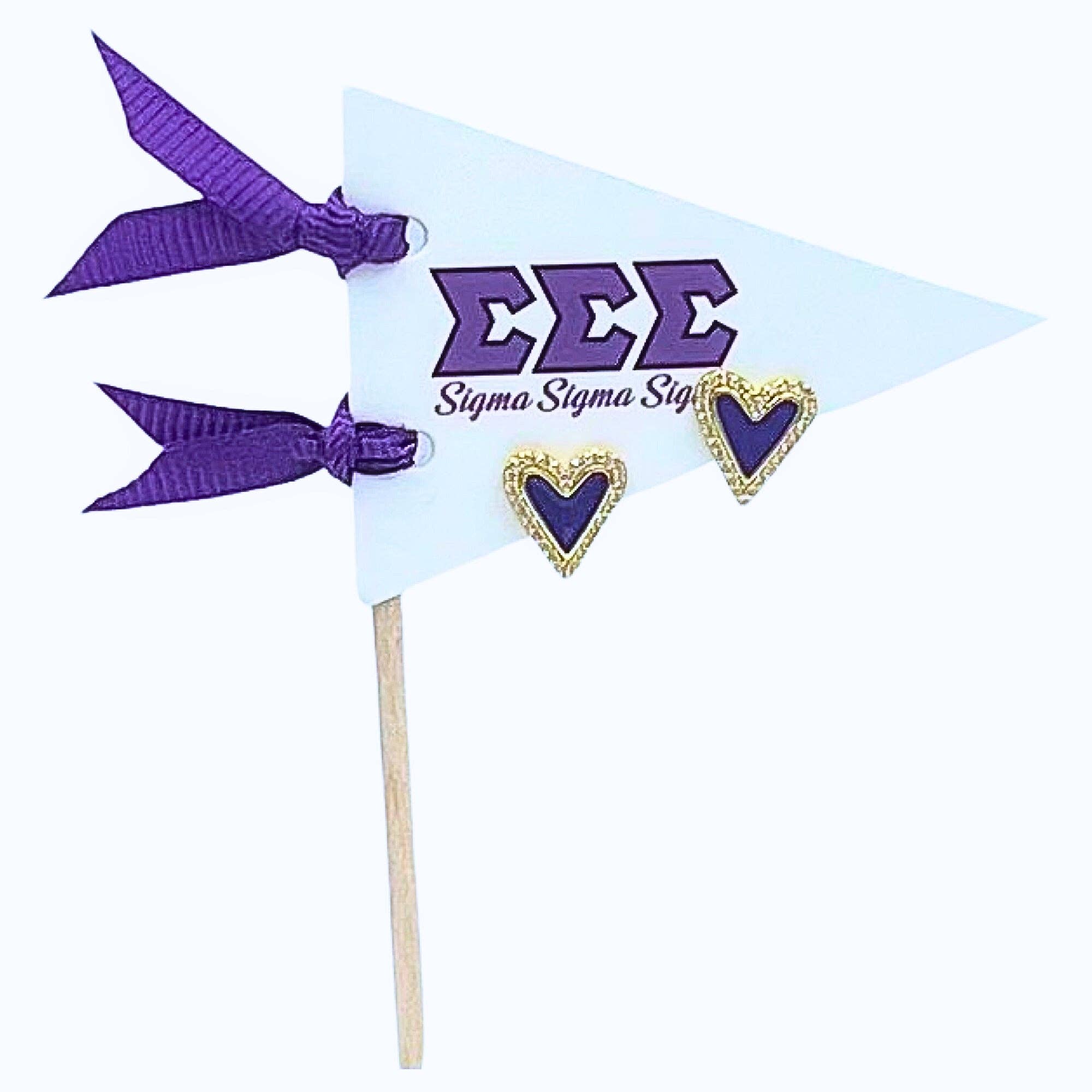 Color Shout – wholesale Stud/post earrings – E205-Love my Sorority: Bright Color Heart Studs on Greek Letter Pennant Flag23