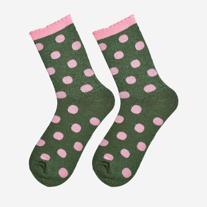 Sock Talk – wholesale Strumpor - Dam – Glitterstrumpor för kvinnor - khaki/ljusrosa, medelstora prickar