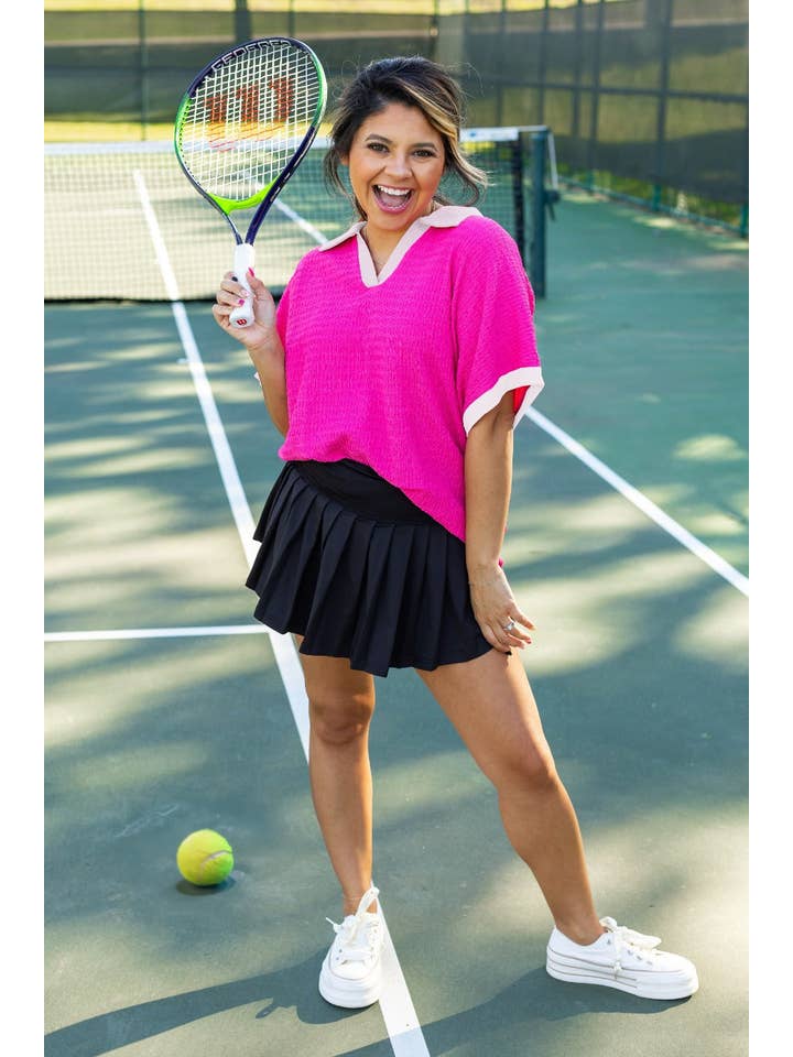 Pink Textured Polo Top, Hot Pink/White for wholesale on Faire