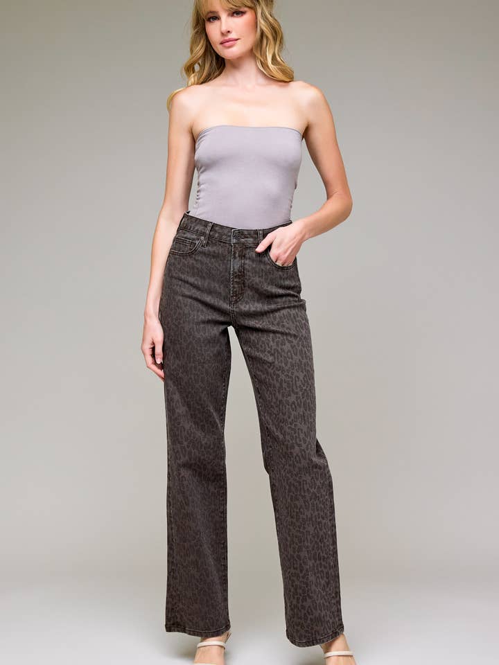 Brown Cheetah Print Stretch High Rise Classic Straight for wholesale by Hidden Jeans
