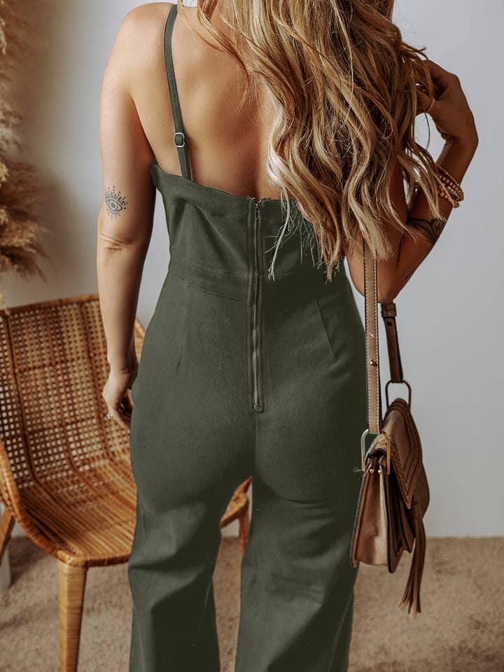 FULL TIME PURCHASE - Wholesale Jumpsuit - Women's - Seamed Zipper Spaghetti Strap High Waist Flared Jumpsuit