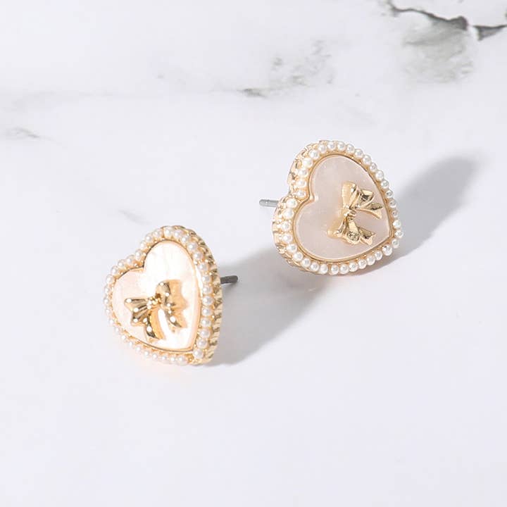 Sensibling Corp. - Wholesale Stud/Post Earrings - Pearl Paved Rim Metal Bow Pointed Enamel Heart Stud Earrings1