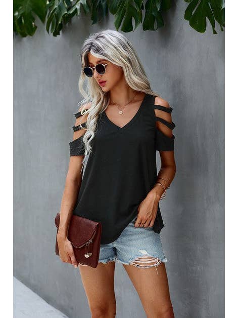 Supreme Fashion - Wholesale Blouse - Women's - Short Sleeve Cutout Cold Shoulder Top