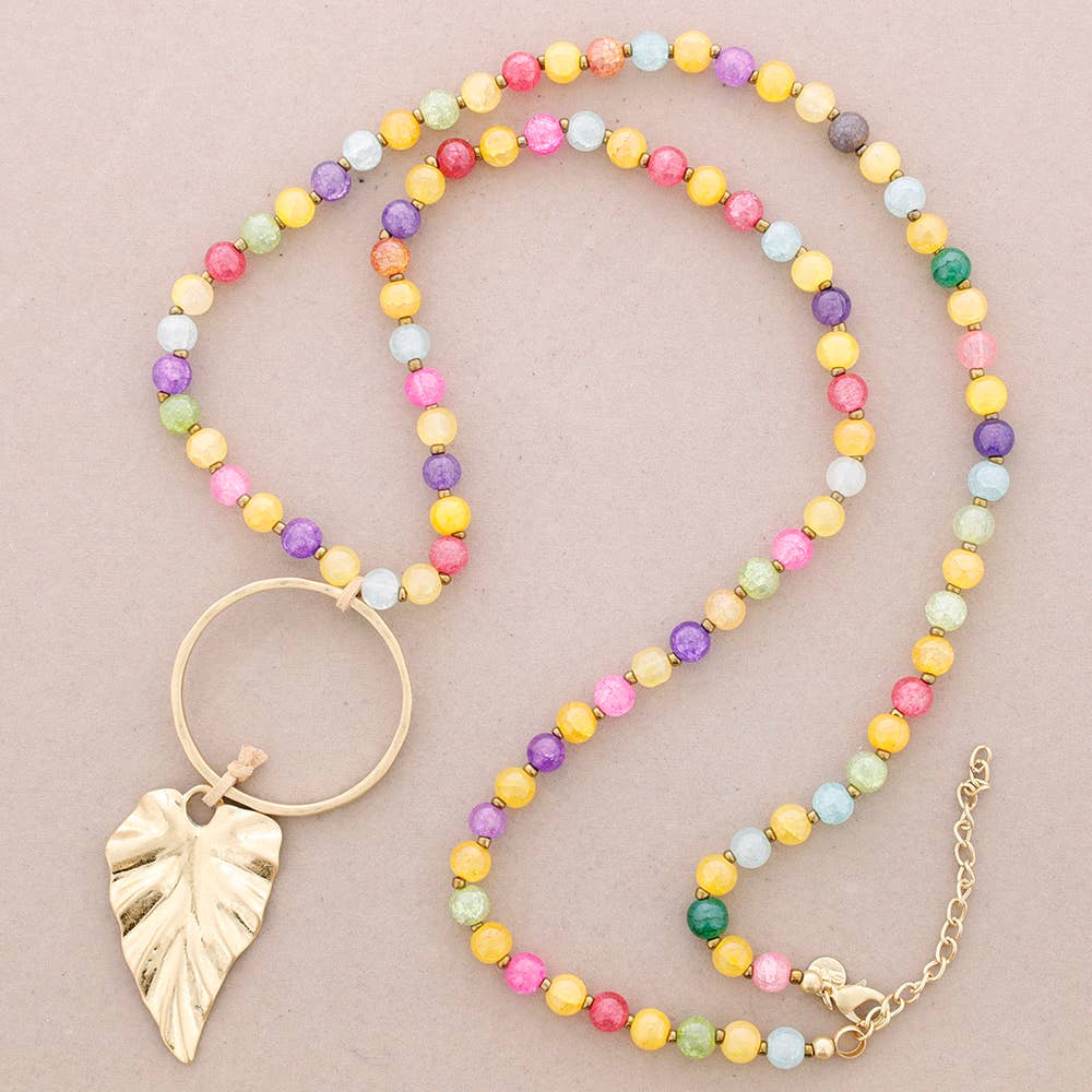 Sonata – wholesale Pendant/charm necklace – Long Crystal Necklace with Circle Metal Leaf Pendant3