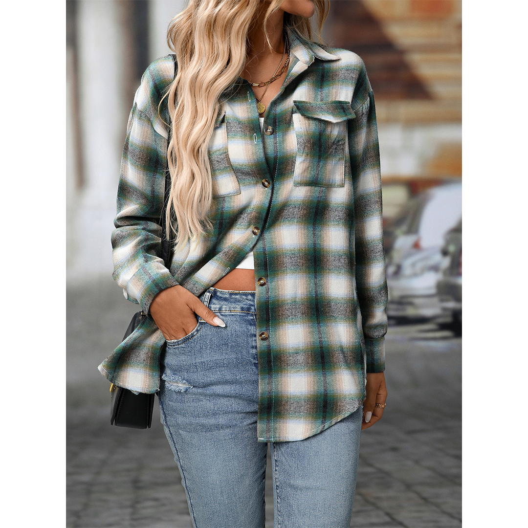 UNISHE - Wholesale Shirt - Women's - Casual Loose Fit Plaid Pockets Button-Down Shirt MD21318