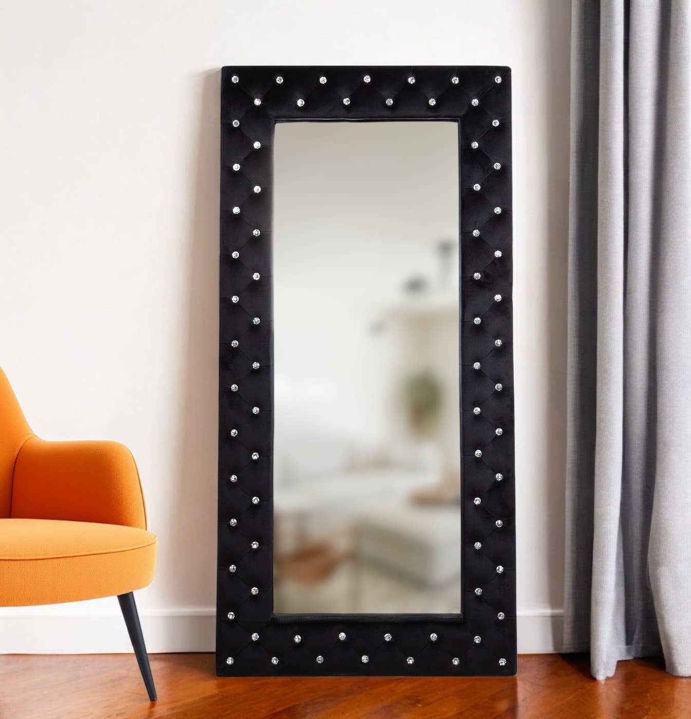 HomeRoots - Wholesale Wall mirror - 71" Black Wood and Faux Crystal Framed Freestanding and Wall