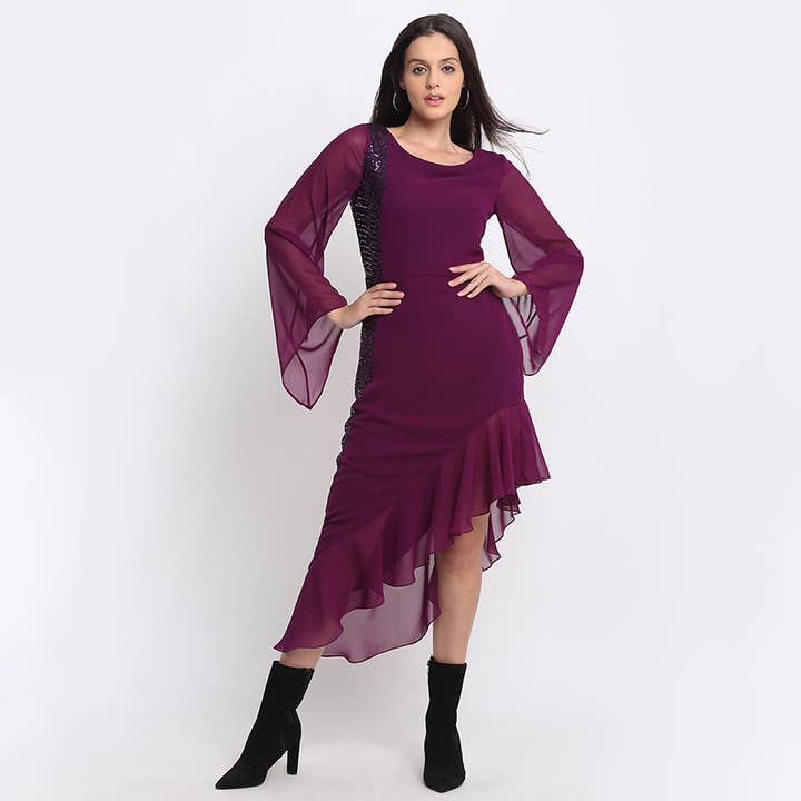 Stylish Purple Boat Neck Sequinned Party Dress for wholesale by Benares