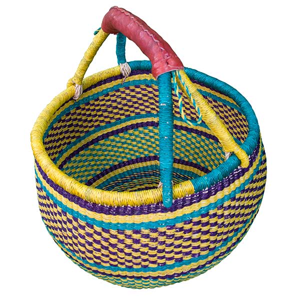 African Market Baskets - Wholesale Basket - G-159A: Large Round Basket W/Leather Handle = 4 Per Case