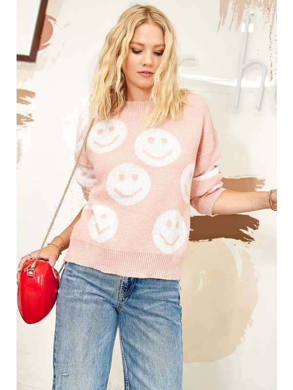 Pink Irene Wholesale - Vendita all'ingrosso Maglione tricot - Donna - MAGLIONE CON MOTIVO A VOLTO SORRIDENTE3