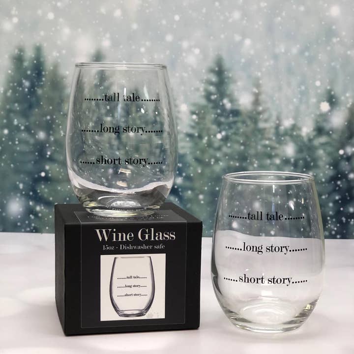Fly Paper Products - Wholesale Wine Glass - Short Story, Long Story 15 oz Stemless Wine Glass