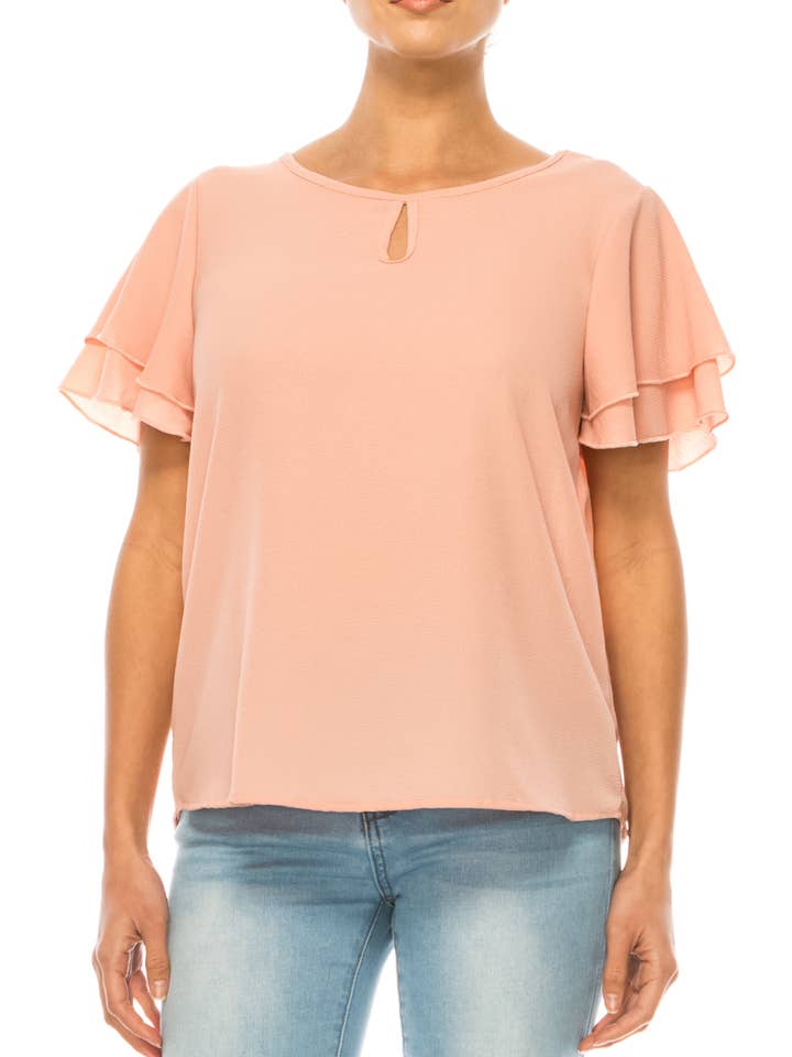 MOA COLLECTION - Wholesale Blouse - Women's - Casual Solid Flowy Short Flutter Sleeve Key Hole Blouse20