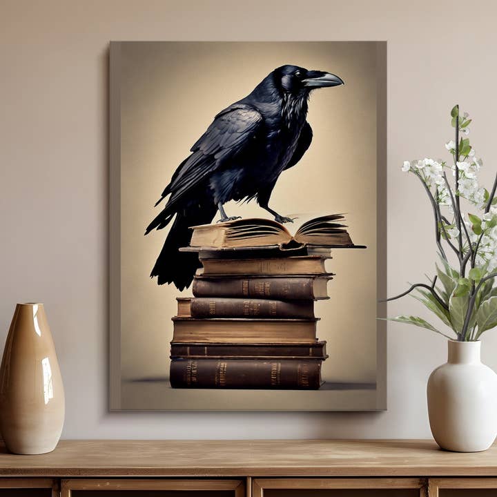 Póster artístico de cuervo gótico sobre libros antiguos, decoración de pared Dark Academia, ilustración de cuervo para biblioteca en casa para venta al por mayor de FreakyTeeFactory