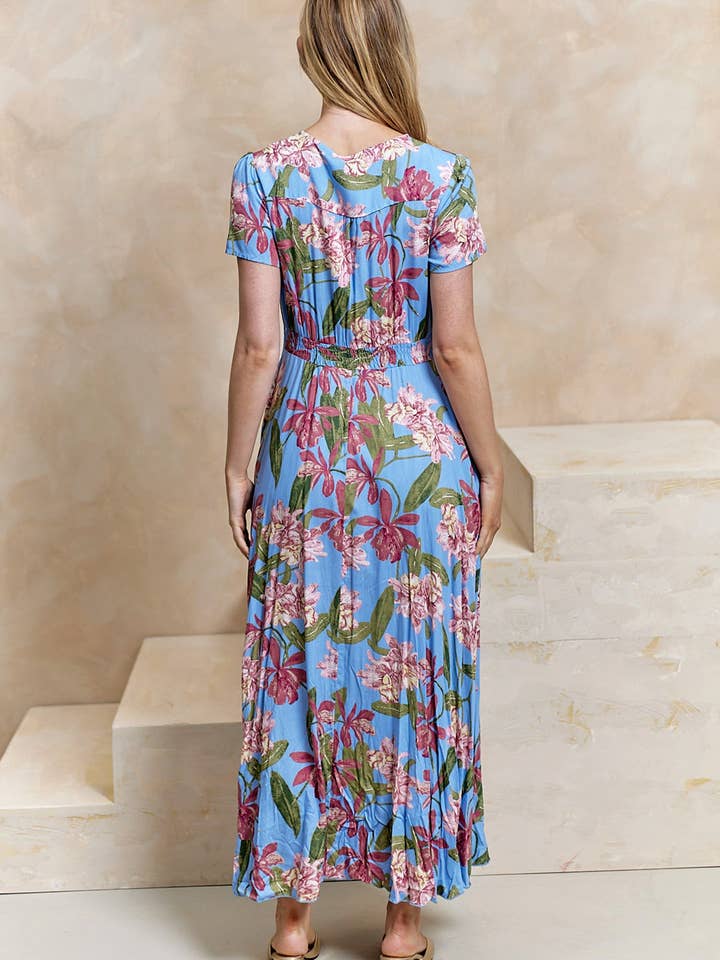 ANGELEYE - Wholesale Dress - Women's - Ruched Waist Maxi Dress in Blue Floral Print
