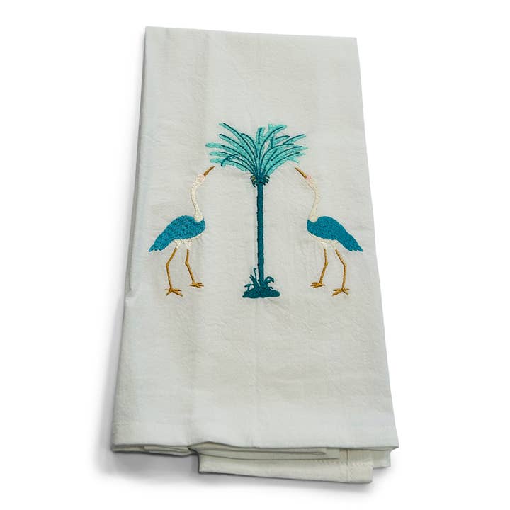 Towel - Cranes (Teal) with Teal Palm Tree on white for wholesale by Vibrantly Blue