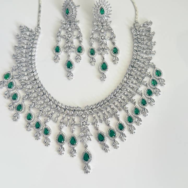 Green Emerald Bridal Necklace Set with Earrings | Vinni’s Jewelry for wholesale on Faire5