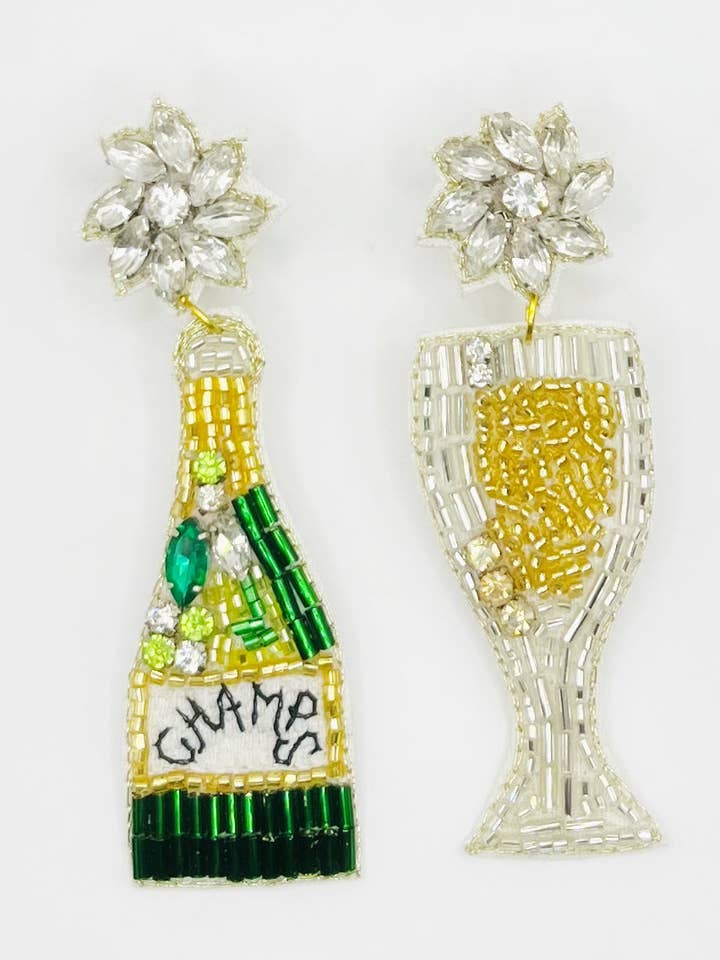 Champagne Glass and Bottle Gold and Green Beaded Earrings for wholesale by The Pearled Panther