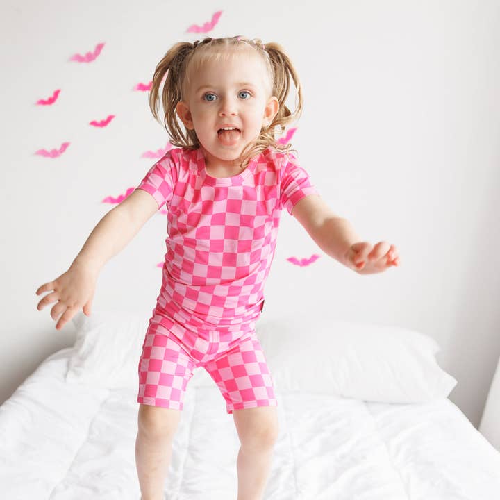 TWO PIECE SHORTIE SET- Pink Check for wholesale by millie + roo LLC