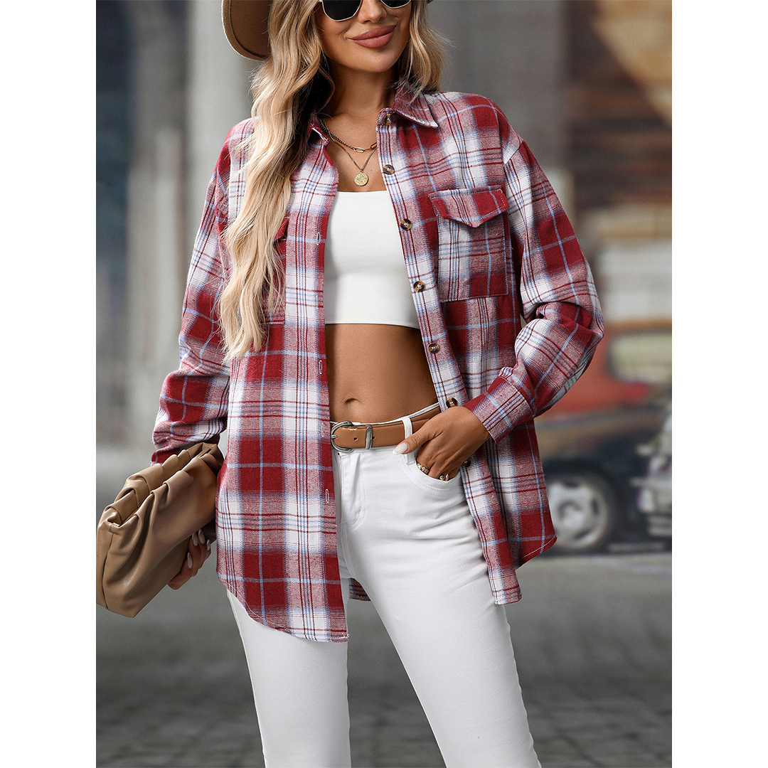 UNISHE - Wholesale Shirt - Women's - Casual Loose Fit Plaid Pockets Button-Down Shirt MD2132
