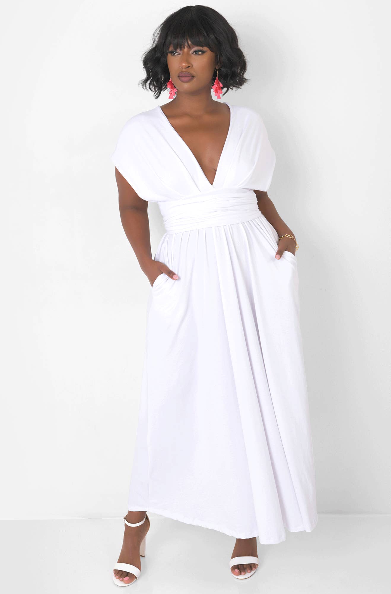 White Dreamy Sleeveless V Neck Multiway Skater Maxi Dress W. Pockets for wholesale on Faire