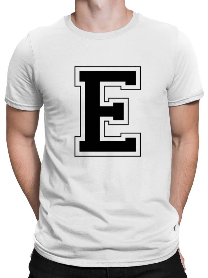 White College Varsity Letter E Unisex T-shirt Men's T-shirt for wholesale on Faire1