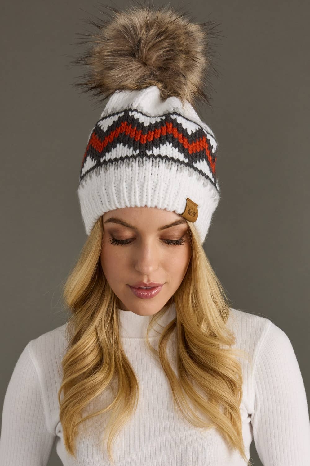 Panache Apparel Co. - Wholesale Beanie - Women's - White, Red & Gray Patterned Pom Hat2