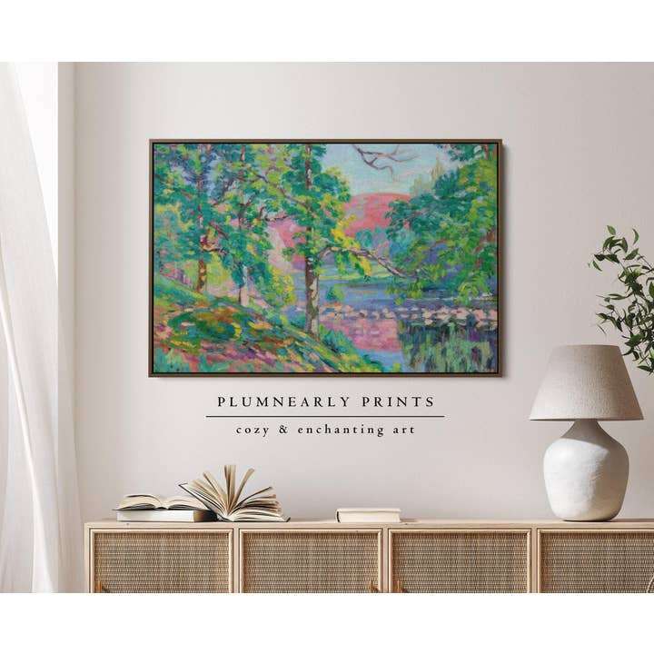 Plumnearly Prints - Wholesale Canvas Art - Bright Pink Green Landscape Painting Framed Canvas Art 341