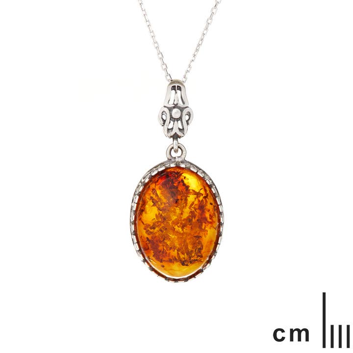 Cognac Pendentif ambre cognac ovale, argent vieilli 925, 2+1 cm en vente sur Faire1