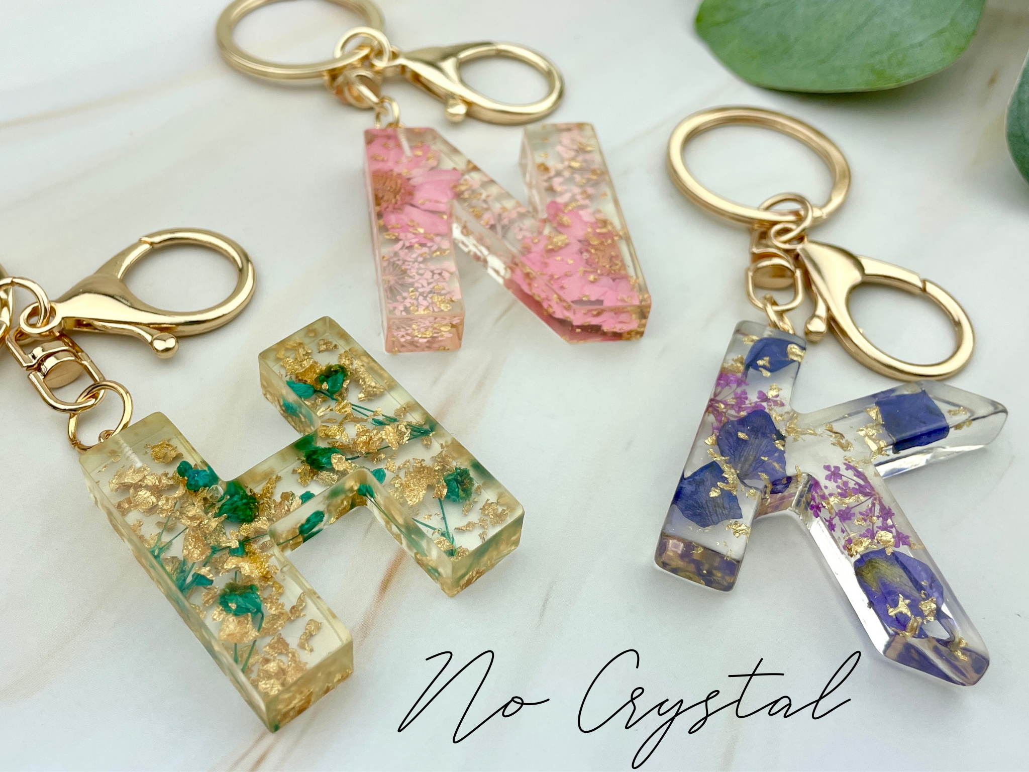 WonderLight Jewelry - Vendita all'ingrosso Portachiavi - Donna - Portachiavi iniziale in resina con fiori secchi - Quarzo trasparente/Clarity4