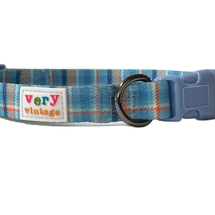 Very Vintage Designs - Wholesale Pet Collar - Dog - Murphy - Blue Orange Tartan Plaid Recycled Collar & Leash