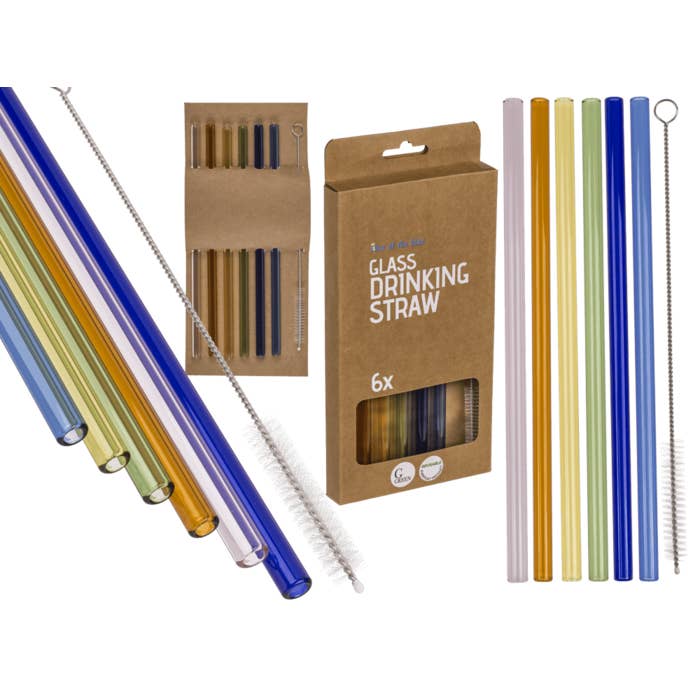 Glastrinkhalm mit Reinigungsbürste, ca. 20 cm, 6 Farben, Out of the blue KG für den Großhandel von Out of the blue KG
