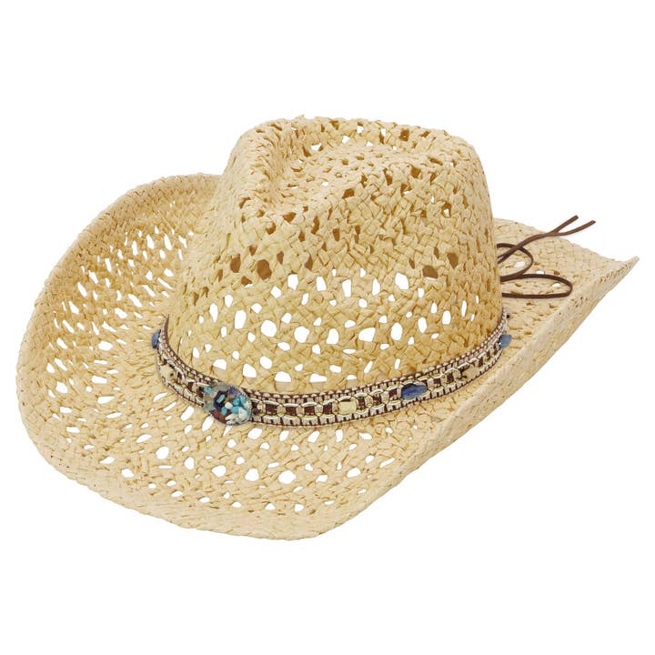 Cap Zone – wholesale Cowboy Hat – Women’s – Gemstone Band Coastal Crochet Fishnet Cowboy Hat12