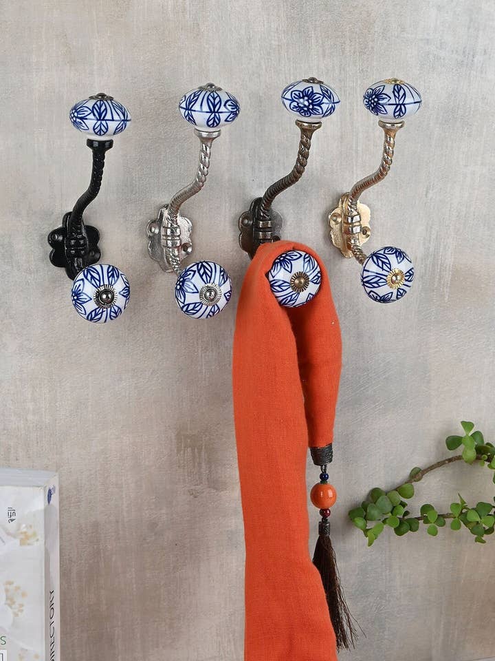 Blue & White Decorative Handmade Glass Wall Hook | Vintage Wall Hooks | Coat Hook |Metal Wall Hooks |Furniture Hardware Hooks | Bath Hooks for wholesale by KNOBCO