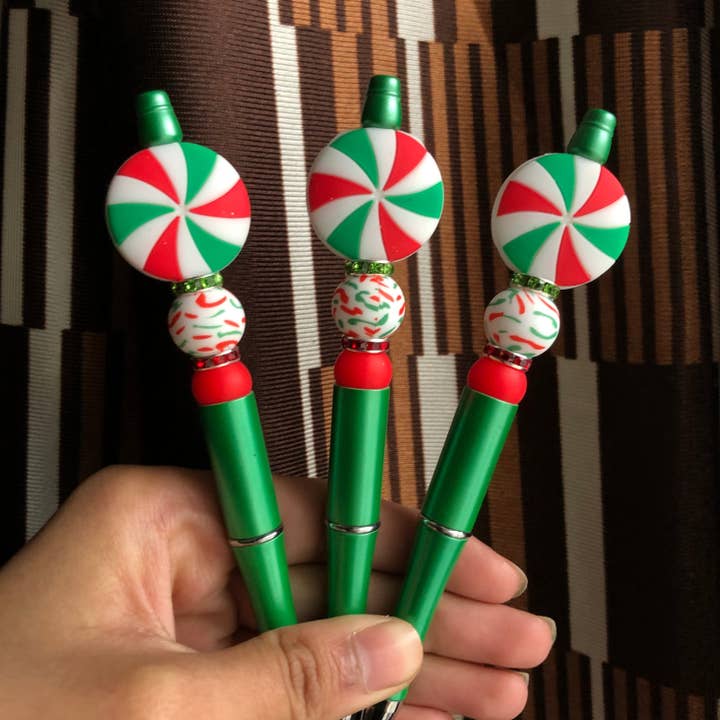 "Peppermint" Candy Christmas Themed Beaded Pen for wholesale by Amy Designs