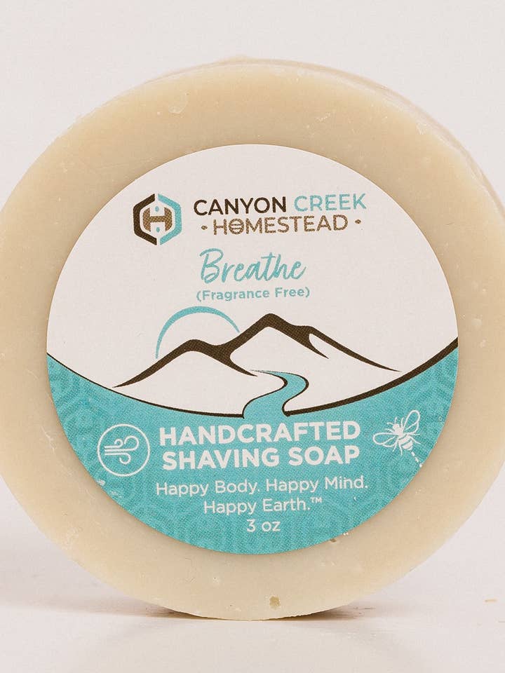 Handcrafted Shaving Soap Breathe Fragrance Free 3 oz for wholesale by Canyon Creek Homestead LLC