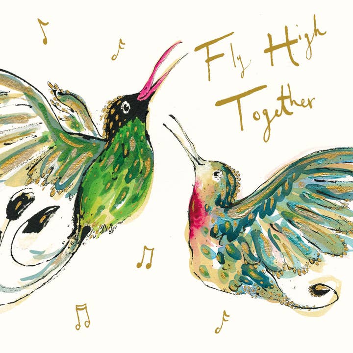 Fly High Together Hummingbirds Gold Foil Card for wholesale by Anna Wright Ltd