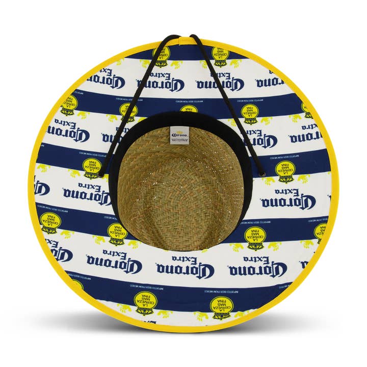 True Religion - Wholesale Straw Hat - Unisex - Corona Extra Branded Straw Sun Hat with Blue and Yellow Striped Brim