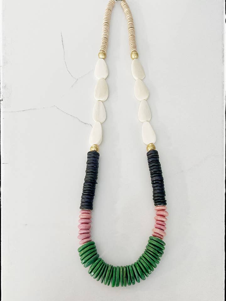 Bone, Glass & Coconut Wood Bead Necklace- Green for wholesale by GentrybyJenna