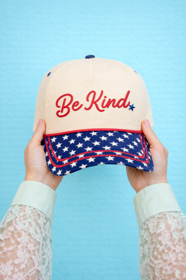 "Be Kind" on Tan Cap with Blue Stars Bill for wholesale on Faire1