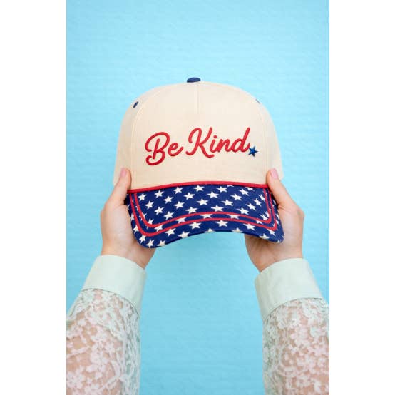 "Be Kind" on Tan Cap with Blue Stars Bill for wholesale on Faire1