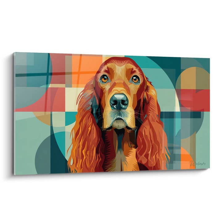 Red Dog with Golden Eyes on Colorful Geometric Background - Contemporary Portrait - Irish Setter Edition for wholesale by Walensky